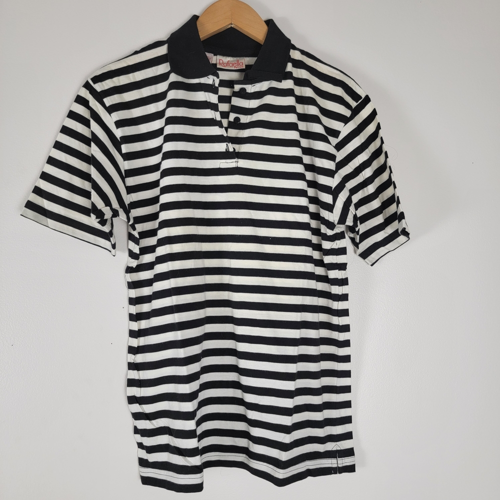 Rafaella Petites Black & White Striped Short Sleeve Tee Polo Shirt Medium Cotton